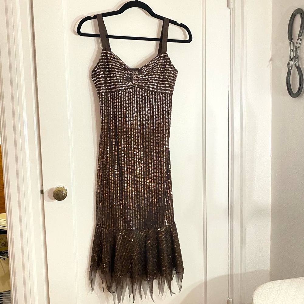 Vintage Y2K 2000s beautiful brown sequin tank mesh hanker chief / mermaid dress